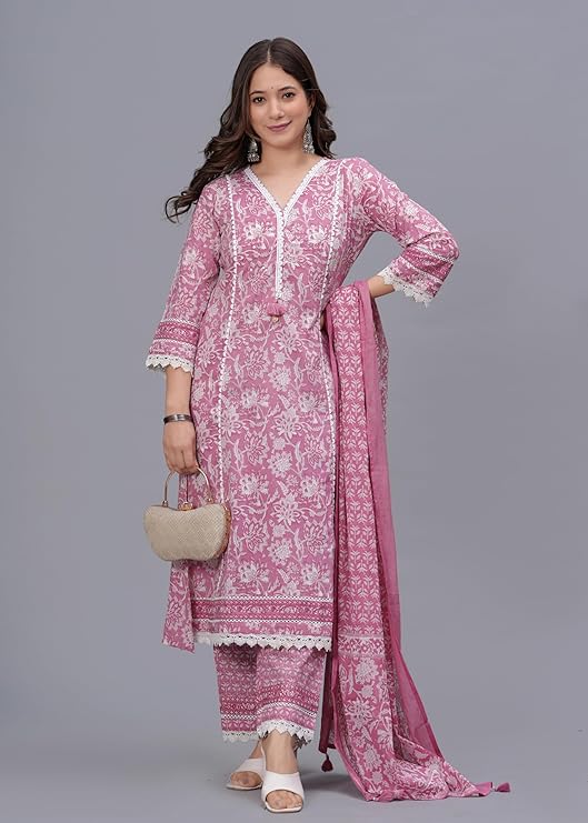 Amayra Women's Pure Cotton Printed Straight Kurta Set with Palazzo Pants & Dupatta- Ethnic Wear
