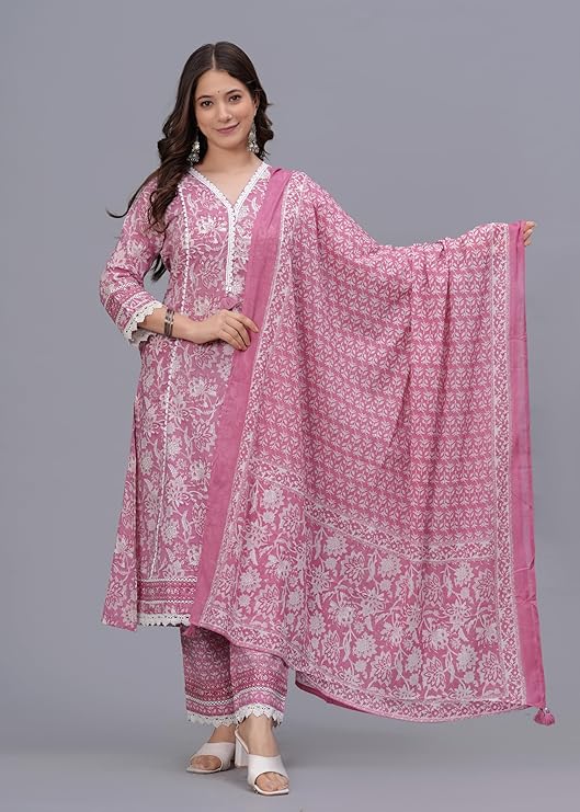 Amayra Women's Pure Cotton Printed Straight Kurta Set with Palazzo Pants & Dupatta- Ethnic Wear