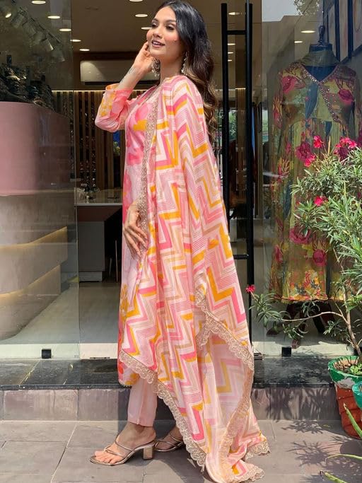 SHIENZY Cotton Blend Embroidered V Neck Kurta Set for Women | Straight Fit Kurta with Pants & Dupatta | Casual Office Wear Ethnic Kurti for Women