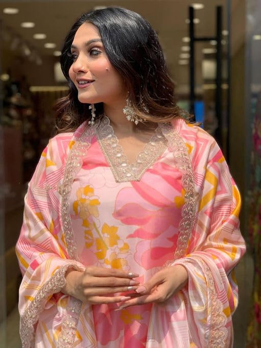 SHIENZY Cotton Blend Embroidered V Neck Kurta Set for Women | Straight Fit Kurta with Pants & Dupatta | Casual Office Wear Ethnic Kurti for Women