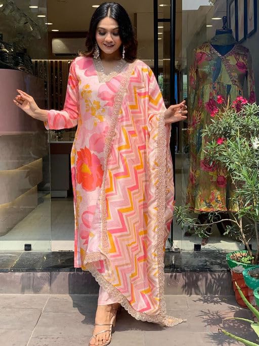 SHIENZY Cotton Blend Embroidered V Neck Kurta Set for Women | Straight Fit Kurta with Pants & Dupatta | Casual Office Wear Ethnic Kurti for Women