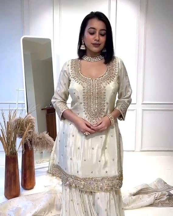 Designer Embroidered Sharara Suit, White Silk with Gold Embellishments, Three-Quarter Sleeves