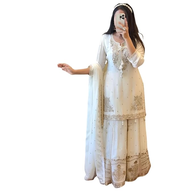 Elegant White Embroidered Sharara Set with Lace Details, Traditional Indian Ethnic Wear fashionable