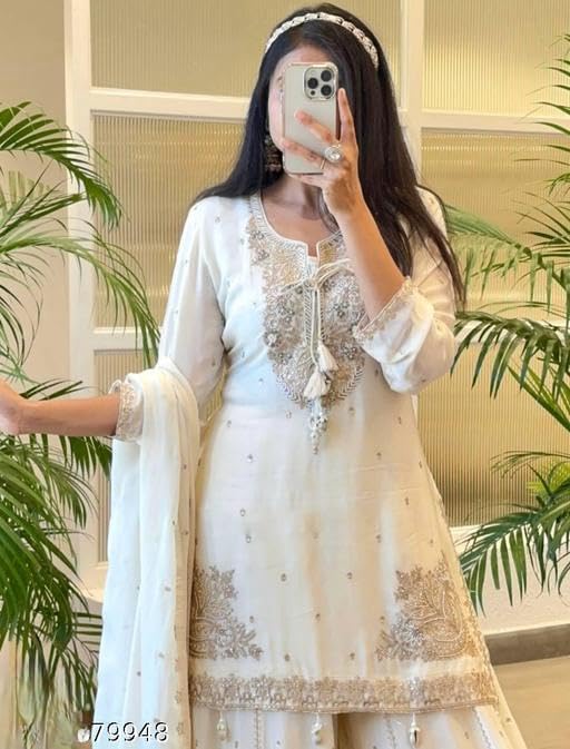 Elegant White Embroidered Sharara Set with Lace Details, Traditional Indian Ethnic Wear fashionable