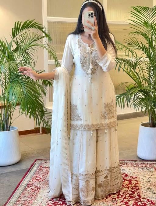 Elegant White Embroidered Sharara Set with Lace Details, Traditional Indian Ethnic Wear fashionable